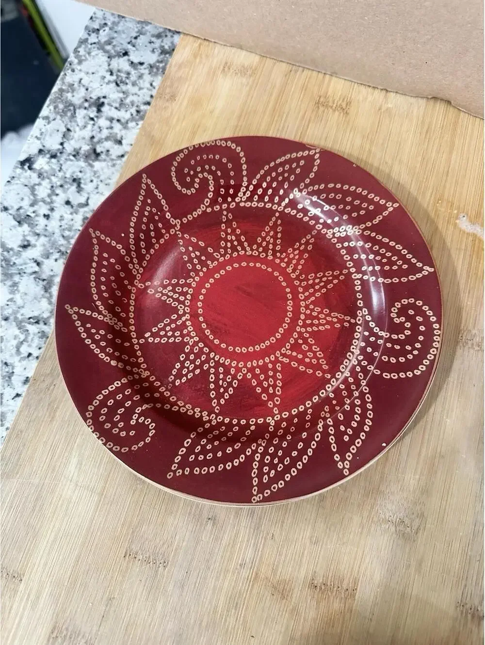 Set of 3 Pier 1 Stoneware Matira Salad Dessert Plates Gold Burgundy 8